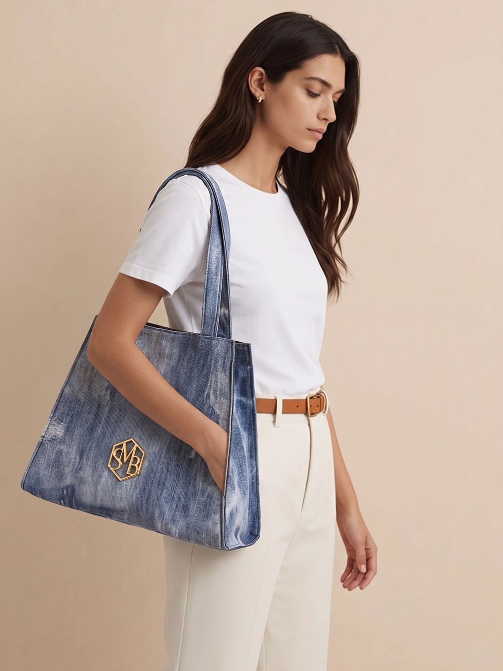 Denim-Effect Blue Tote with Gold Monogram Emblem